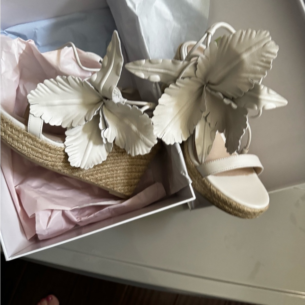 Cecilia New York White and Tan Floral Wedge Shoes